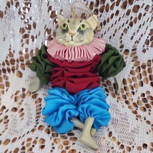 Vintage Fabric Yo Yo's Hand Painted Cat Ornament